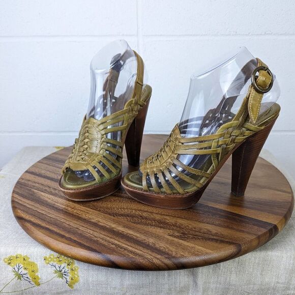 Frye Joy Huarache Platform Heels Olive Green Leather Size 7 - Picture 1 of 11